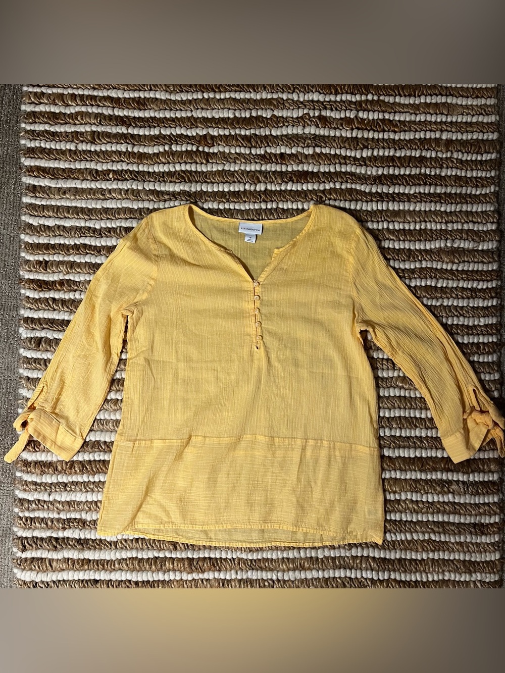 Yellow Split-Neck 100% Cotton Tunic Top - Lightweight 3/4 Sleeve